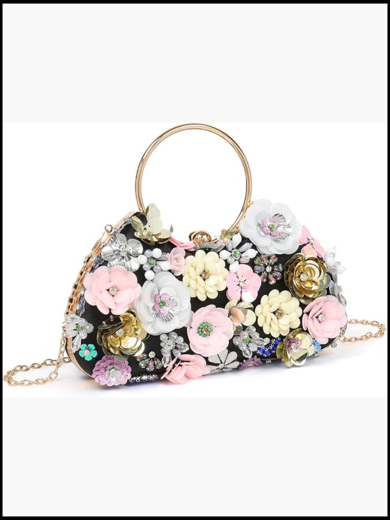 Handmade Floral Sequin Evening Clutch Beaded Purse Metal Ring Handle